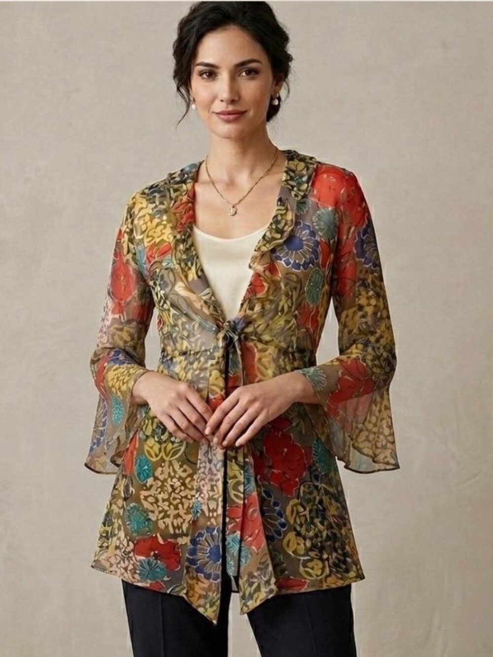 Cabi Size S Shakespeare Ruffle Top Semi Sheer Floral Tie Front Kimono Ruffle 360